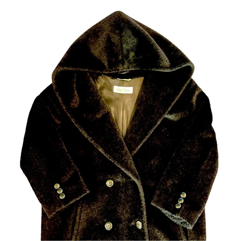 Max Mara Alpaca Wool Hooded Long Coat — Double Breasted, Black, Size 8 - Picture 7 of 12